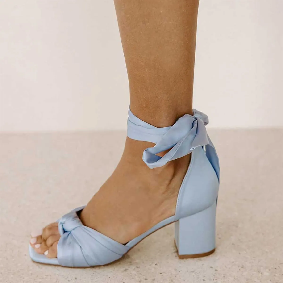 FSJ Women Lace Up Chunky Heel Strappy Sandals Square Open Toe Knot Comfortable Tie Up Block Heel Satin Bride Wedding Dress Shoes Size 4-16 US