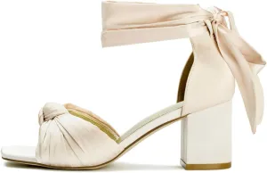 FSJ Women Lace Up Chunky Heel Strappy Sandals Square Open Toe Knot Comfortable Tie Up Block Heel Satin Bride Wedding Dress Shoes Size 4-16 US