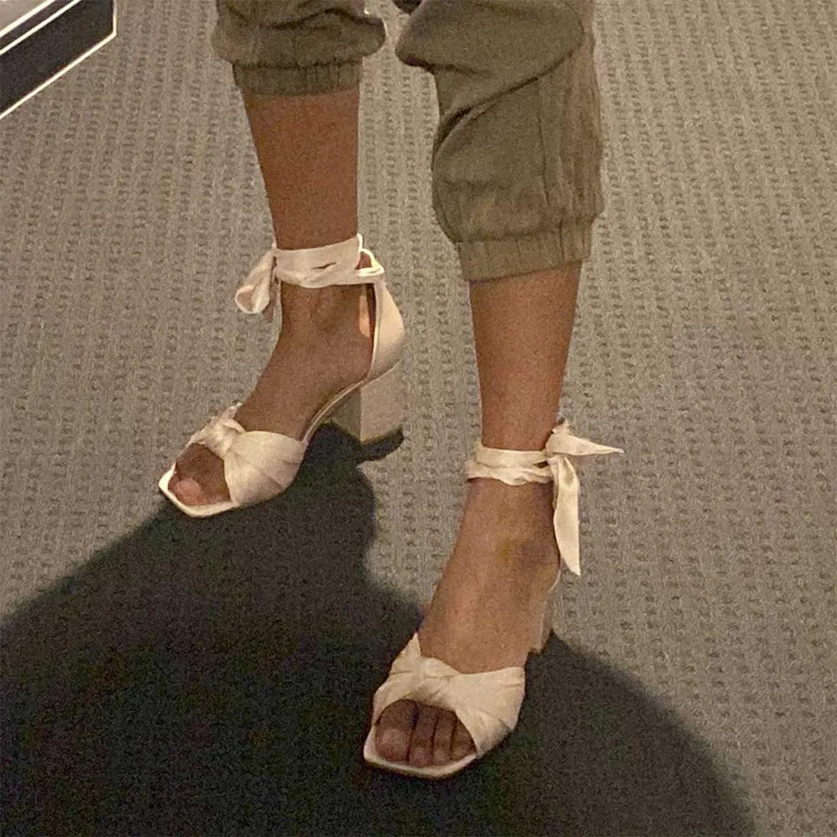 FSJ Women Lace Up Chunky Heel Strappy Sandals Square Open Toe Knot Comfortable Tie Up Block Heel Satin Bride Wedding Dress Shoes Size 4-16 US