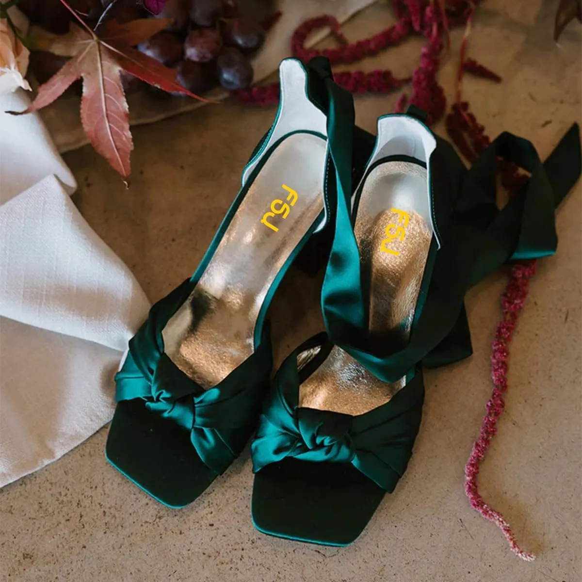 FSJ Women Lace Up Chunky Heel Strappy Sandals Square Open Toe Knot Comfortable Tie Up Block Heel Satin Bride Wedding Dress Shoes Size 4-16 US
