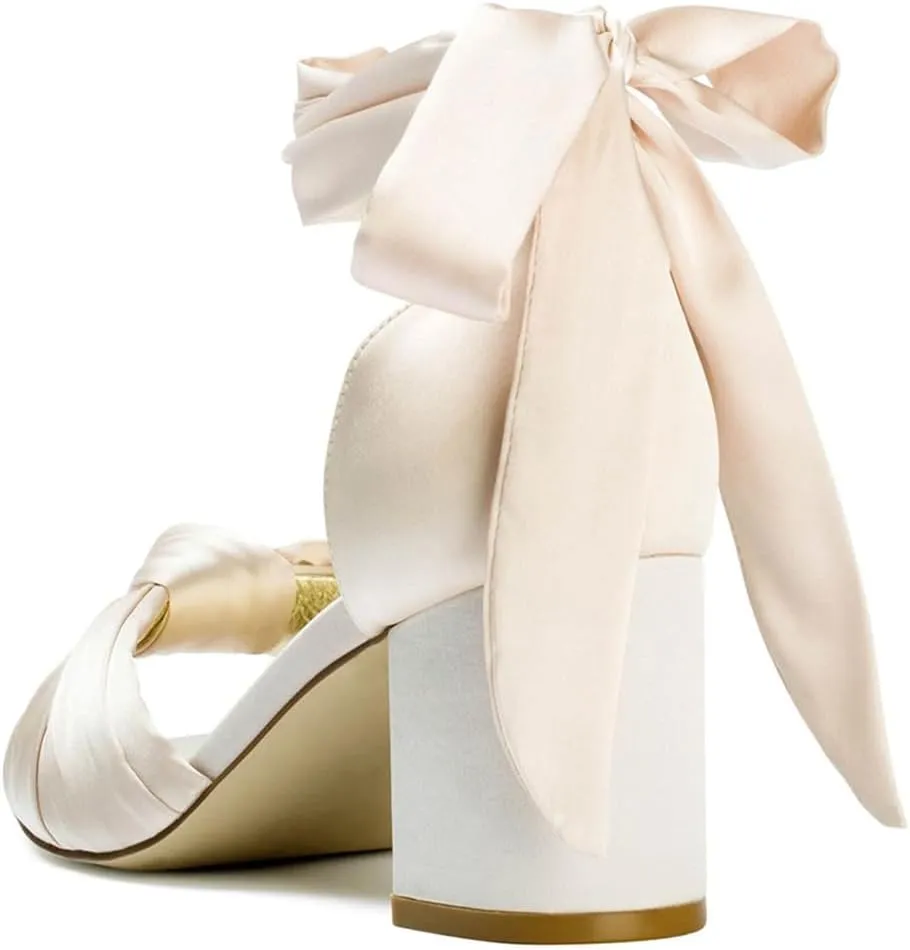 FSJ Women Lace Up Chunky Heel Strappy Sandals Square Open Toe Knot Comfortable Tie Up Block Heel Satin Bride Wedding Dress Shoes Size 4-16 US