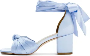 FSJ Women Lace Up Chunky Heel Strappy Sandals Square Open Toe Knot Comfortable Tie Up Block Heel Satin Bride Wedding Dress Shoes Size 4-16 US