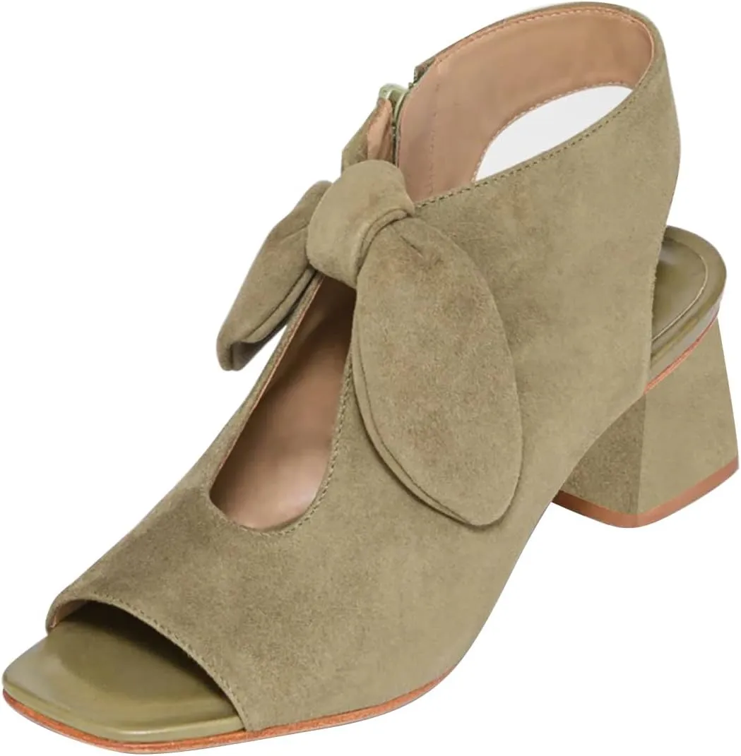 FSJ Women Peep Open Toe Bowknot Heeled Sandals Chunky Low Heel Sandal Booties Hollow Cutout Slingback Zipper Comfortable Summer Casual Beach Dress Shoes Size 4-16 US