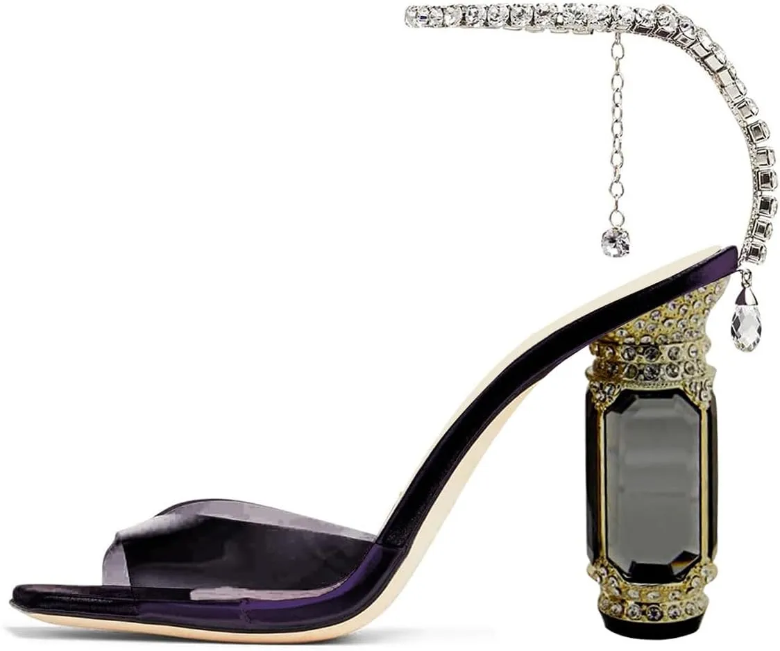 FSJ Women Square Open Toe Heeled Sandals Crystal Chain Ankle Strap Pumps Rhinestone Buckle Jewel Chunky High Heels Party Bridal Shoes Size 4-16 US