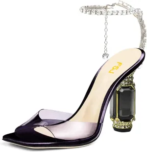 FSJ Women Square Open Toe Heeled Sandals Crystal Chain Ankle Strap Pumps Rhinestone Buckle Jewel Chunky High Heels Party Bridal Shoes Size 4-16 US