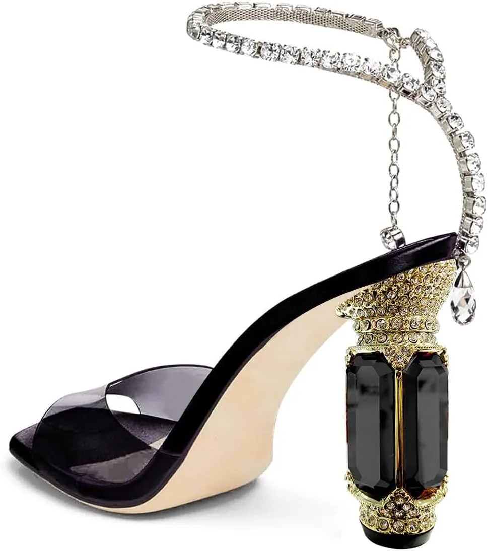 FSJ Women Square Open Toe Heeled Sandals Crystal Chain Ankle Strap Pumps Rhinestone Buckle Jewel Chunky High Heels Party Bridal Shoes Size 4-16 US