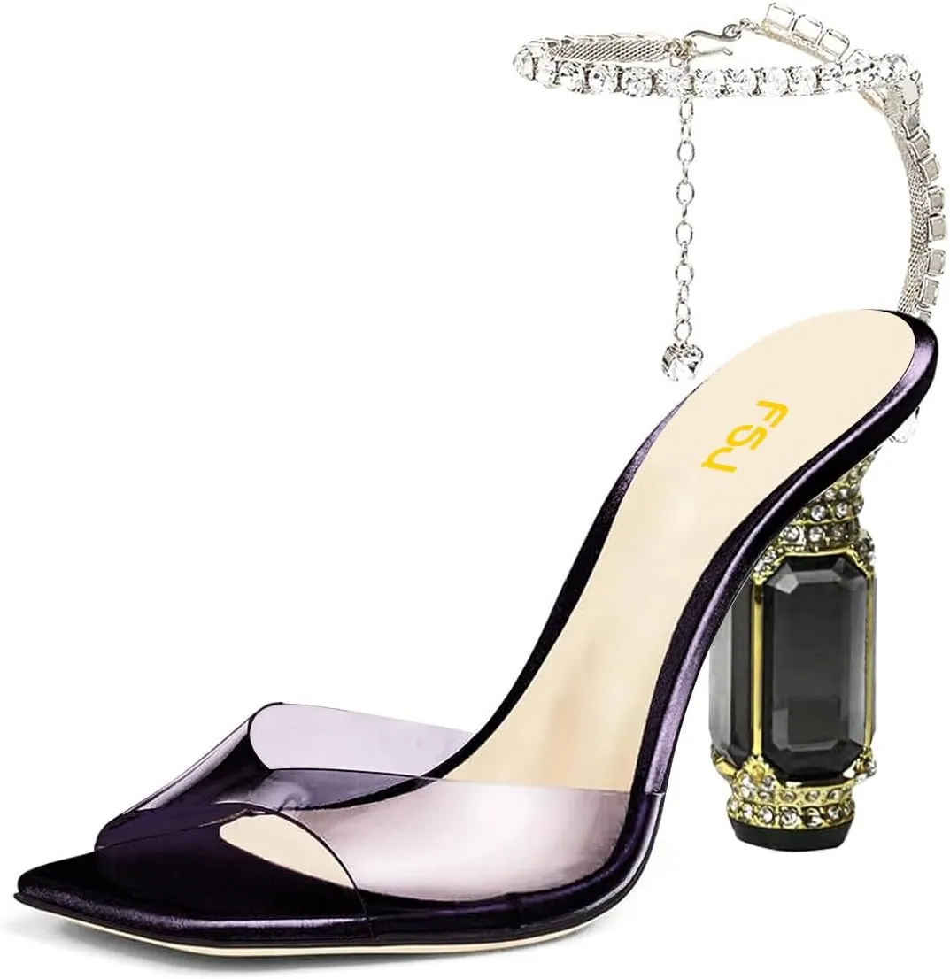 FSJ Women Square Open Toe Heeled Sandals Crystal Chain Ankle Strap Pumps Rhinestone Buckle Jewel Chunky High Heels Party Bridal Shoes Size 4-16 US