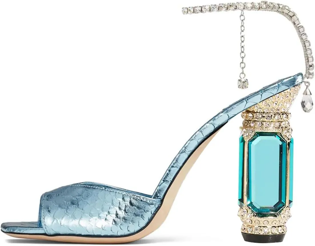 FSJ Women Square Open Toe Heeled Sandals Crystal Chain Ankle Strap Pumps Rhinestone Buckle Jewel Chunky High Heels Party Bridal Shoes Size 4-16 US