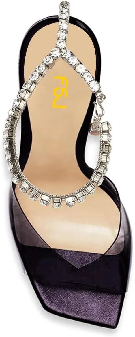 FSJ Women Square Open Toe Heeled Sandals Crystal Chain Ankle Strap Pumps Rhinestone Buckle Jewel Chunky High Heels Party Bridal Shoes Size 4-16 US
