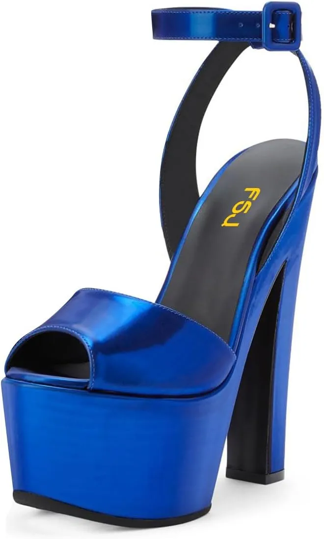 FSJ Women Super High Block Chunky Platform Heel Peep Toe Ankle Strap Sandals Sexy Slingback Buckle Prom Pump Shoes Size 4-16 US