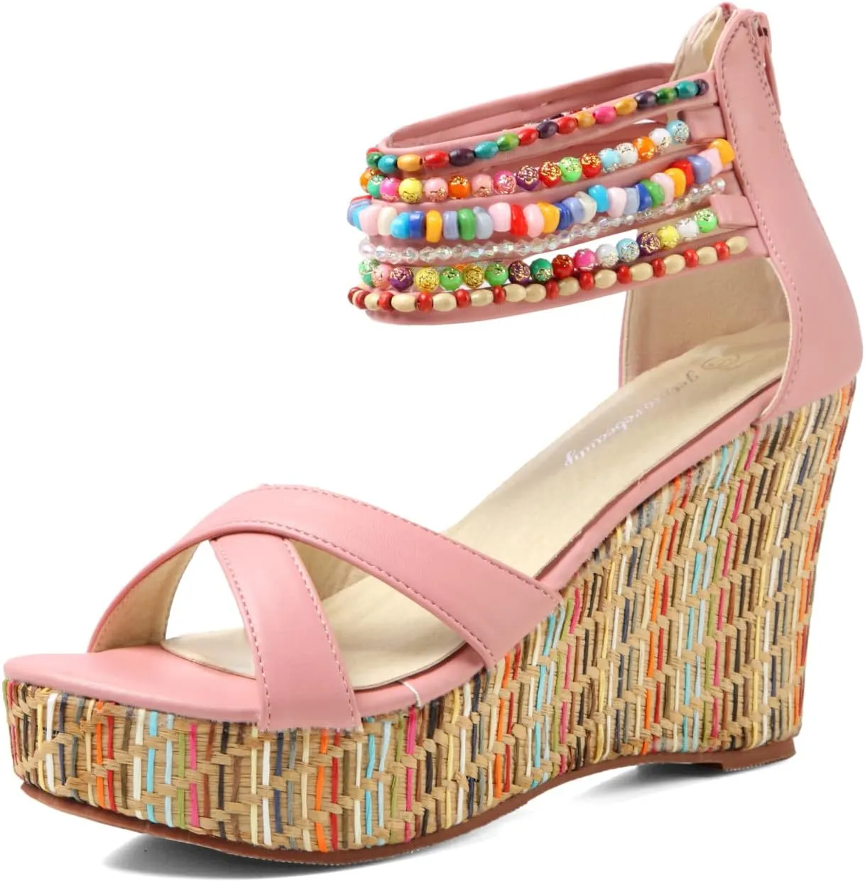 getmorebeauty Women's Wedge Sandals With Pearls Across The Top Platform Sandals High Heels