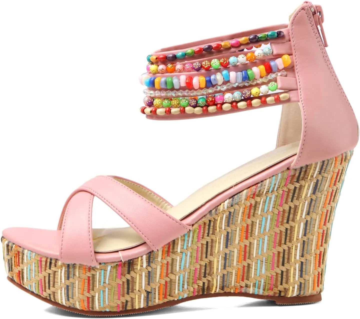 getmorebeauty Women's Wedge Sandals With Pearls Across The Top Platform Sandals High Heels
