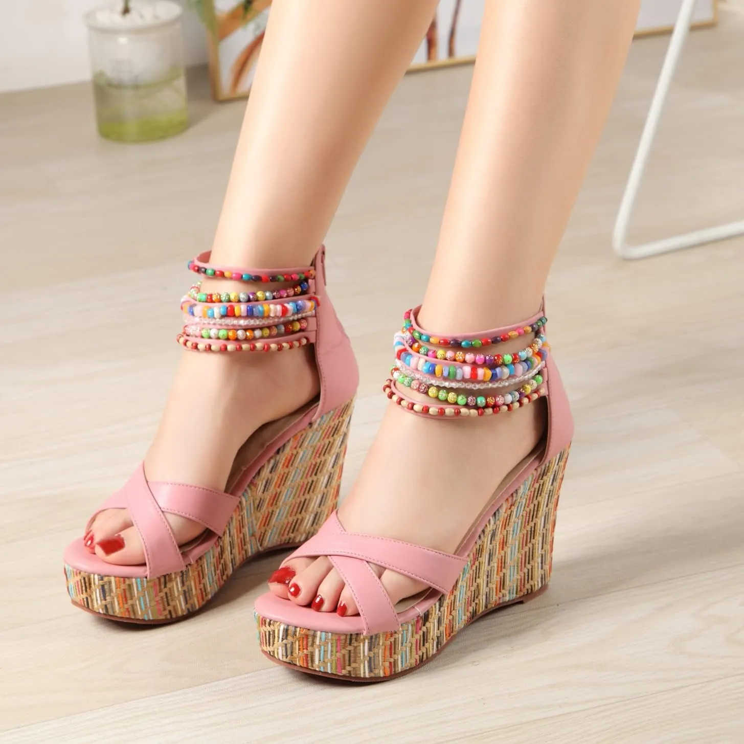 getmorebeauty Women's Wedge Sandals With Pearls Across The Top Platform Sandals High Heels