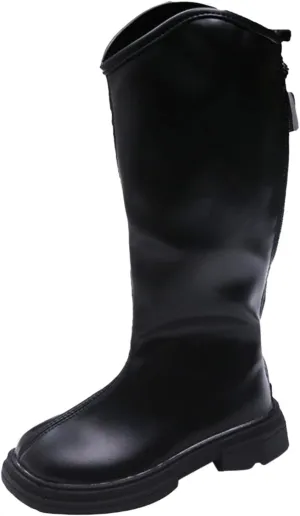 Girls Leather aterproof Long Boots Kids ow Heel Fron Zipper Shoes Childrens Outdoor Dress Dance Soft Shoes Comfy