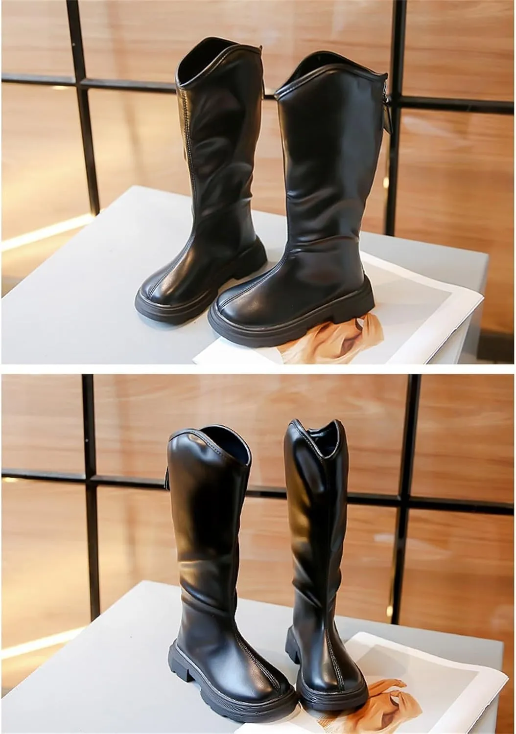 Girls Leather aterproof Long Boots Kids ow Heel Fron Zipper Shoes Childrens Outdoor Dress Dance Soft Shoes Comfy