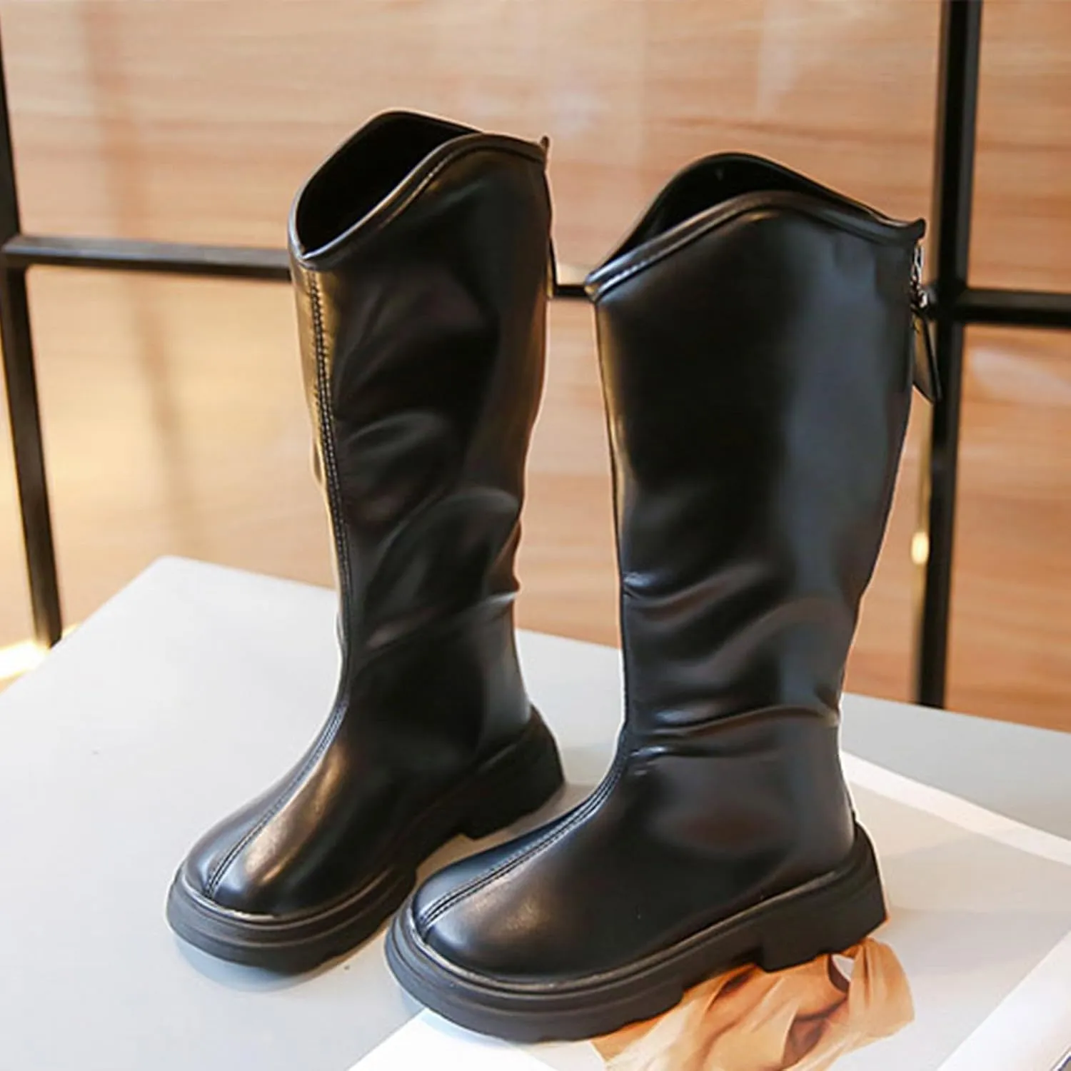 Girls Leather aterproof Long Boots Kids ow Heel Fron Zipper Shoes Childrens Outdoor Dress Dance Soft Shoes Comfy