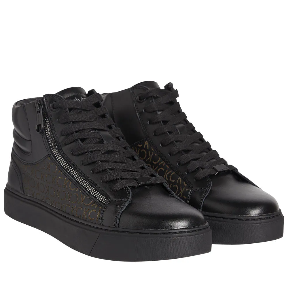 High Top Lace Up With Zip Mono Leather Sneakers- Black