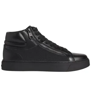 High Top Lace Up With Zip Mono Leather Sneakers- Black