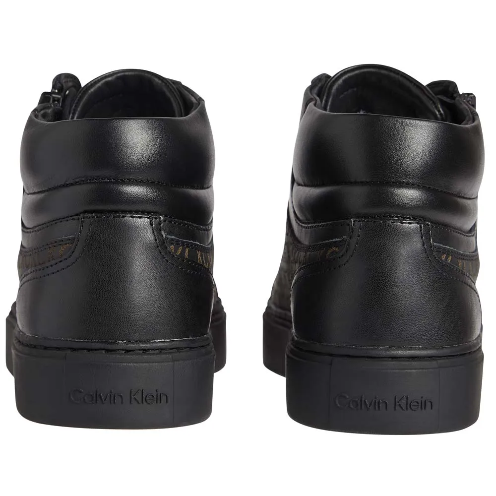 High Top Lace Up With Zip Mono Leather Sneakers- Black