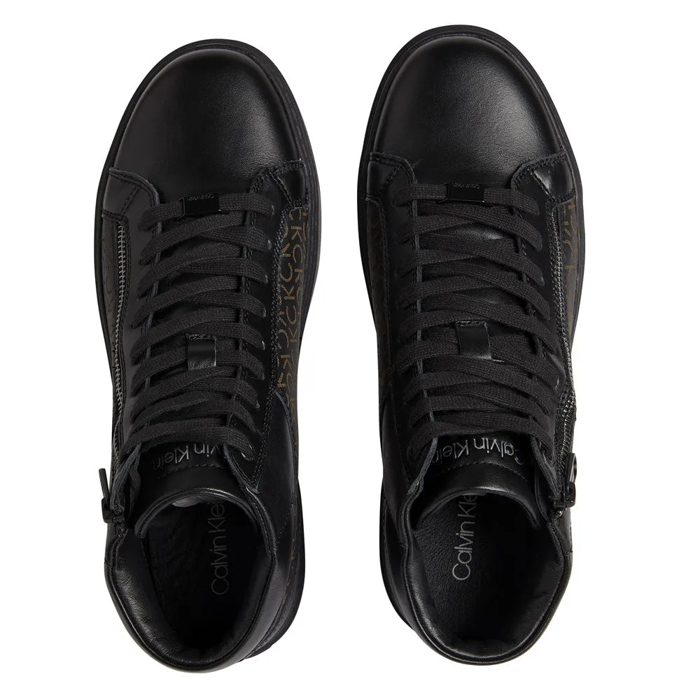 High Top Lace Up With Zip Mono Leather Sneakers- Black