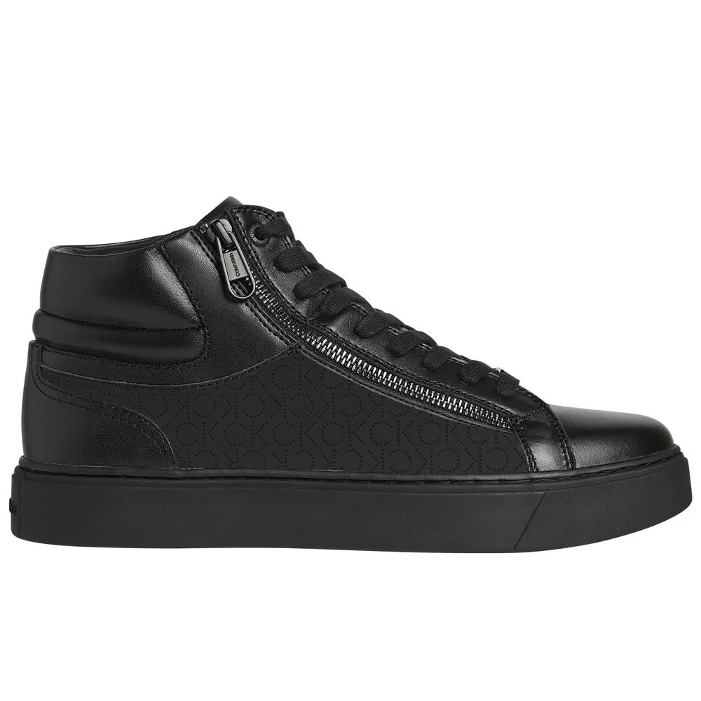 High Top Lace Up With Zip Mono Leather Sneakers- Black
