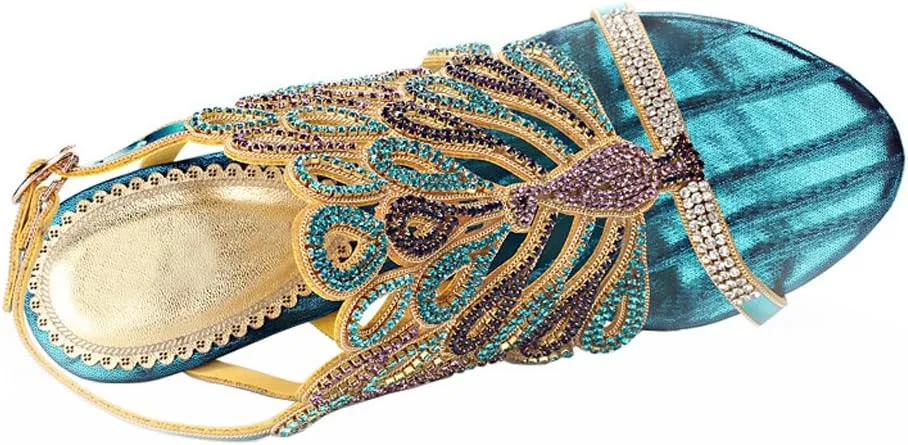 Honeystore Women's Rhinestone Peacock Patterned Handmade Sandals with Chunky Heel