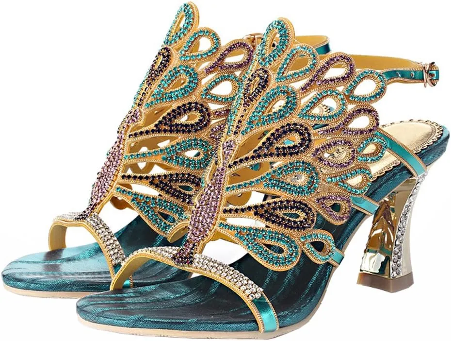 Honeystore Women's Rhinestone Peacock Patterned Handmade Sandals with Chunky Heel