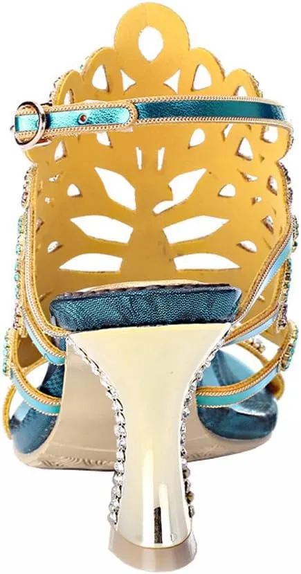 Honeystore Women's Rhinestone Peacock Patterned Handmade Sandals with Chunky Heel