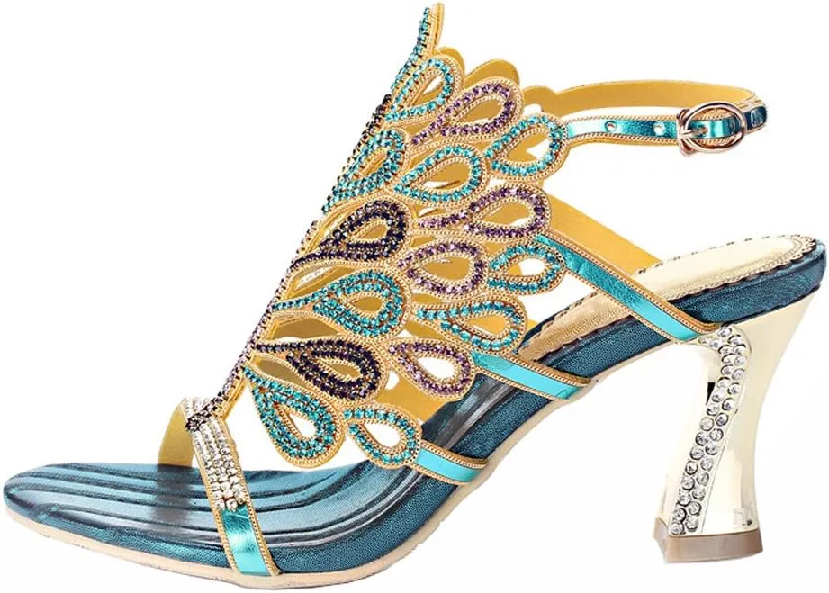 Honeystore Women's Rhinestone Peacock Patterned Handmade Sandals with Chunky Heel