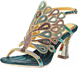 Honeystore Women's Rhinestone Peacock Patterned Handmade Sandals with Chunky Heel