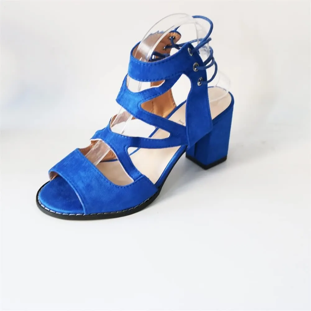 HOTRA Women Lace Up Strappy Pumps Vegan Sandals Open Toe Chunky Block High Heel Dress Party Sandal Shoes (Color : Blue, Size : 4 US)