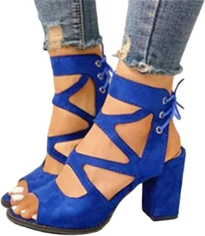 HOTRA Women Lace Up Strappy Pumps Vegan Sandals Open Toe Chunky Block High Heel Dress Party Sandal Shoes (Color : Blue, Size : 4 US)