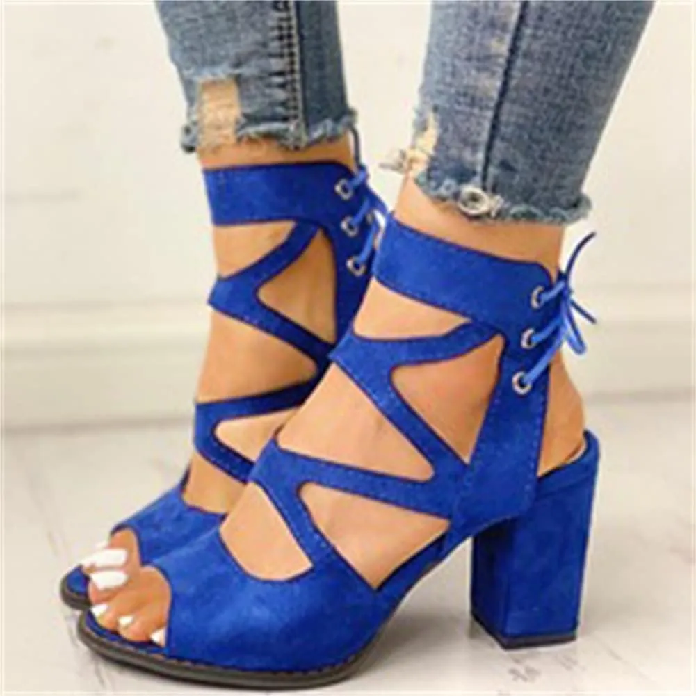 HOTRA Women Lace Up Strappy Pumps Vegan Sandals Open Toe Chunky Block High Heel Dress Party Sandal Shoes (Color : Blue, Size : 4 US)