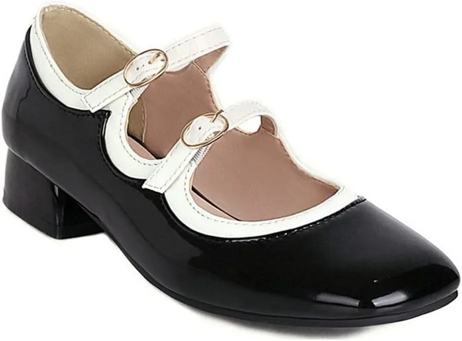HOTRA Womens Patent Leather Mary Janes Square Toe Buckle Strappy Block Low Heel Dress Shoes (Color : Black, Size : 3 US)