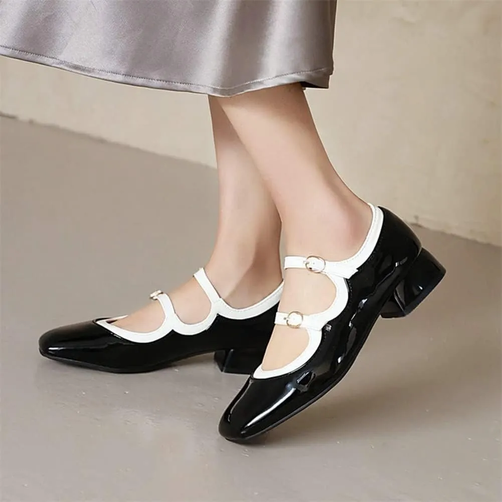 HOTRA Womens Patent Leather Mary Janes Square Toe Buckle Strappy Block Low Heel Dress Shoes (Color : Black, Size : 3 US)