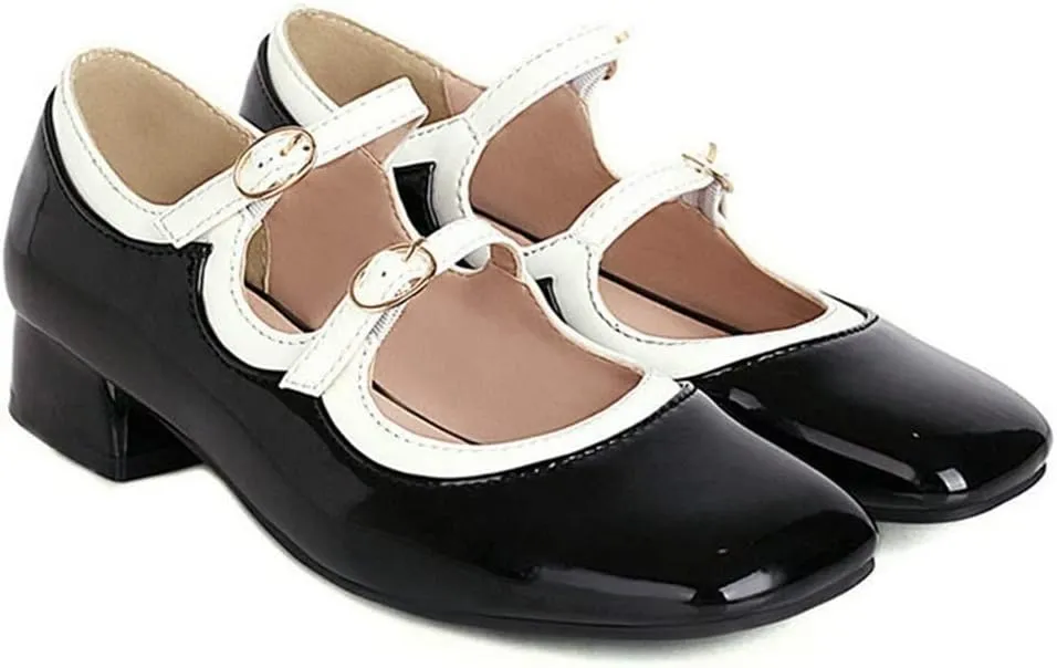 HOTRA Womens Patent Leather Mary Janes Square Toe Buckle Strappy Block Low Heel Dress Shoes (Color : Black, Size : 3 US)