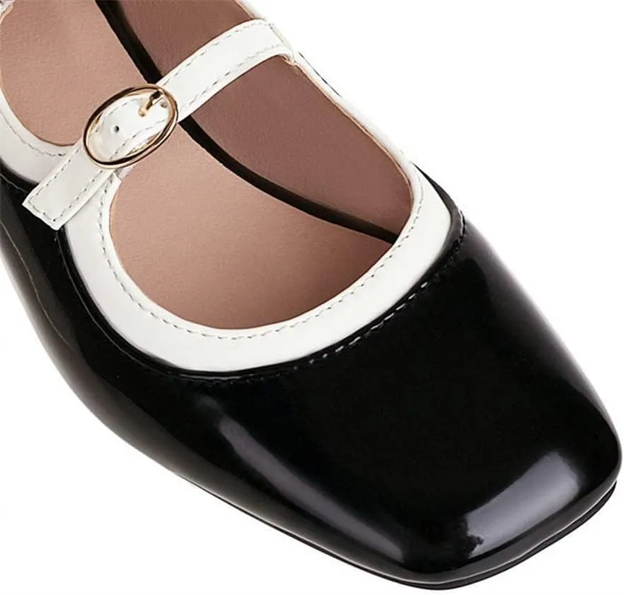 HOTRA Womens Patent Leather Mary Janes Square Toe Buckle Strappy Block Low Heel Dress Shoes (Color : Black, Size : 3 US)