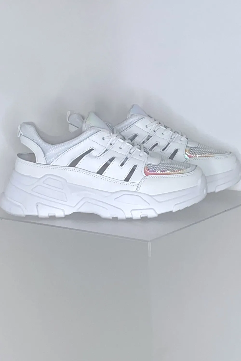 Jasmine White Mesh Holographic Trim Cut Out Chunky Trainers