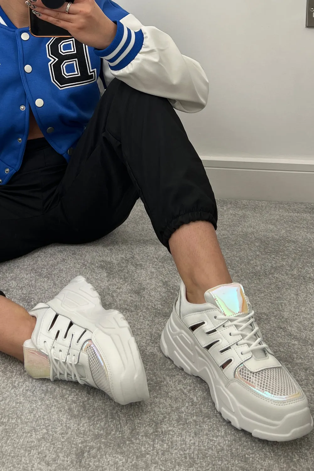 Jasmine White Mesh Holographic Trim Cut Out Chunky Trainers