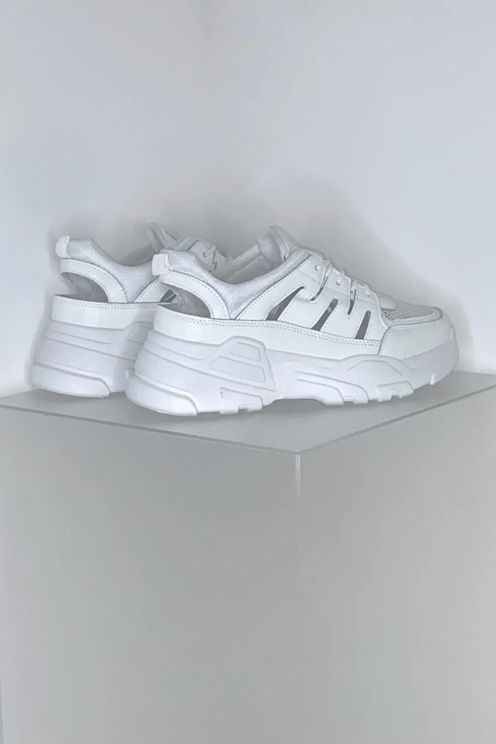 Jasmine White Mesh Holographic Trim Cut Out Chunky Trainers