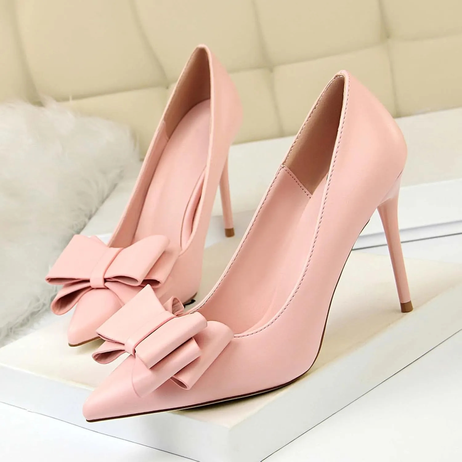 JOEupin Womens High Heels Pointed Toe Bowknot Slip-on Stiletto Evening Party Dress Pumps Shoes