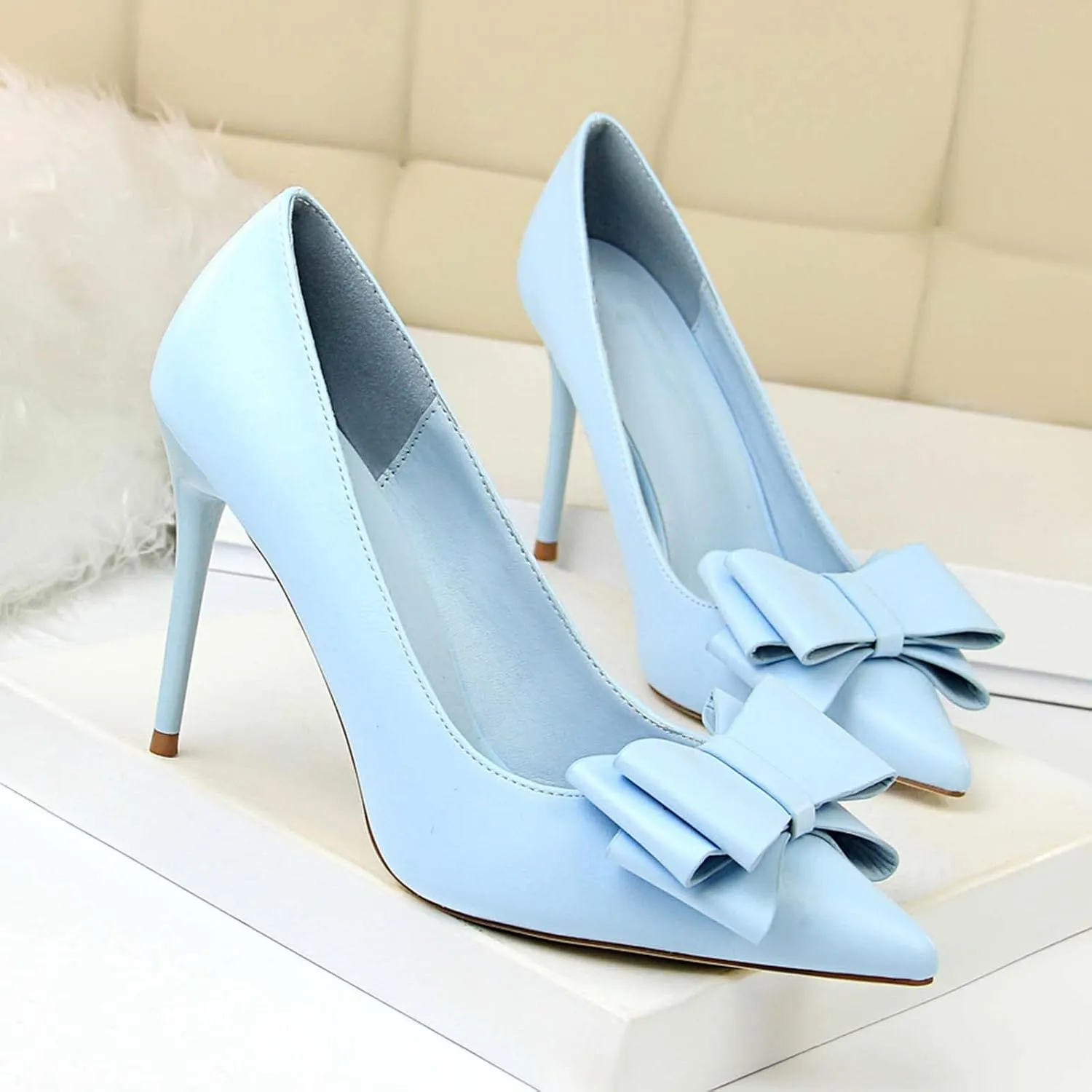 JOEupin Womens High Heels Pointed Toe Bowknot Slip-on Stiletto Evening Party Dress Pumps Shoes