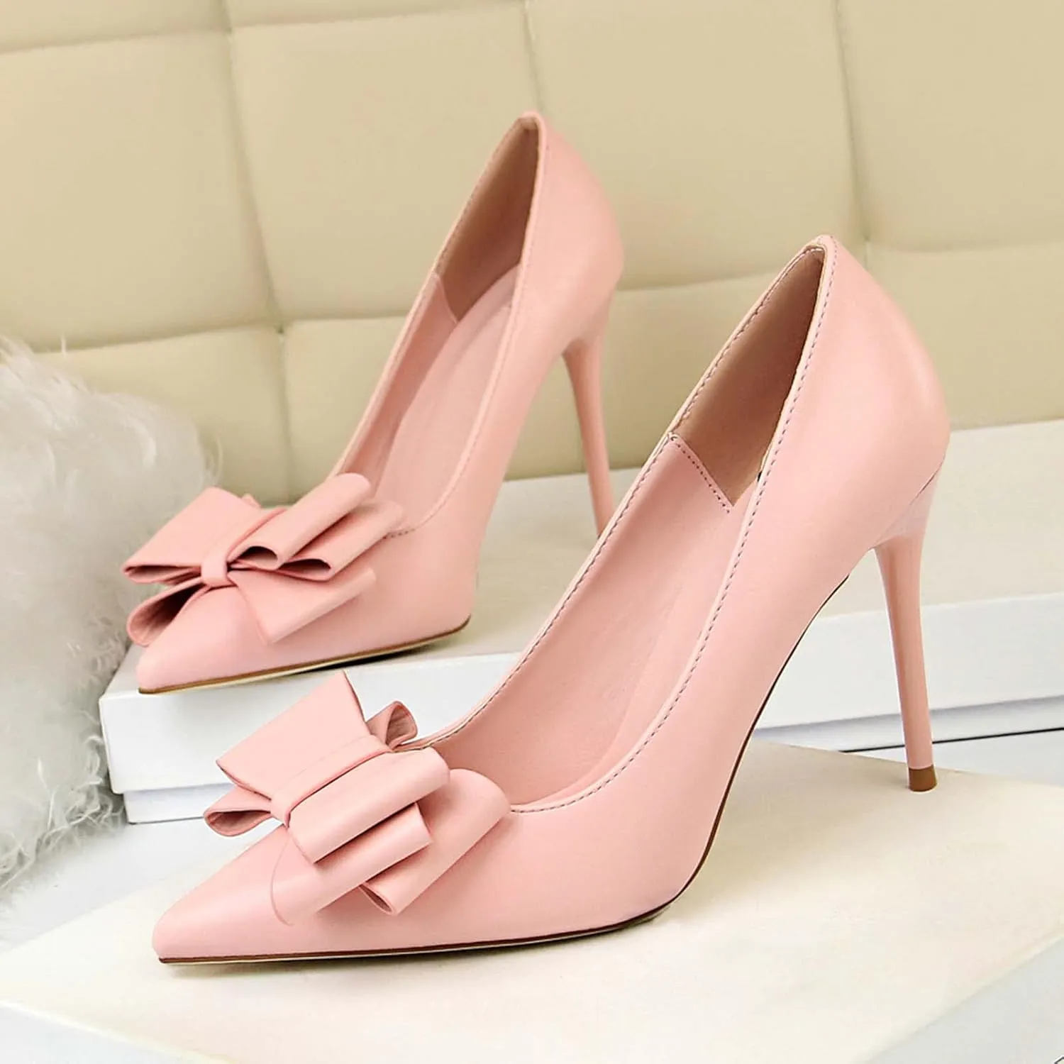 JOEupin Womens High Heels Pointed Toe Bowknot Slip-on Stiletto Evening Party Dress Pumps Shoes