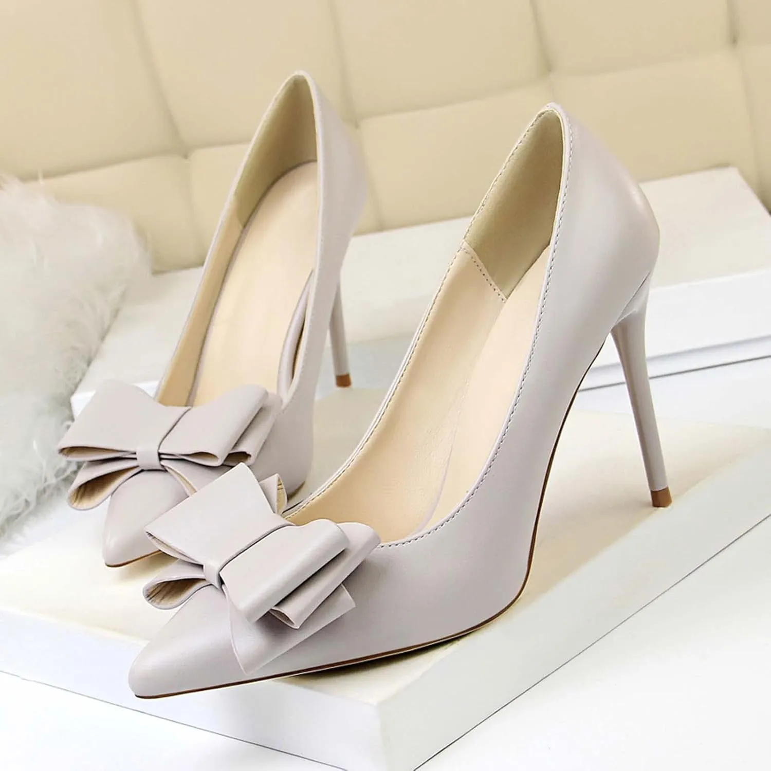 JOEupin Womens High Heels Pointed Toe Bowknot Slip-on Stiletto Evening Party Dress Pumps Shoes