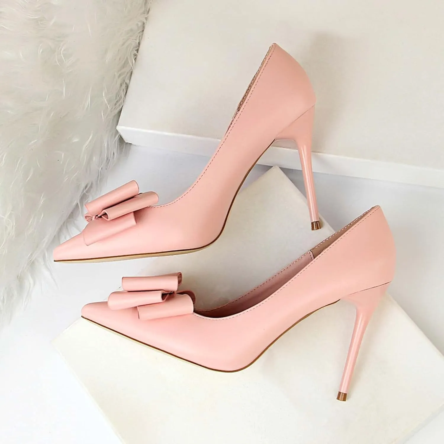 JOEupin Womens High Heels Pointed Toe Bowknot Slip-on Stiletto Evening Party Dress Pumps Shoes