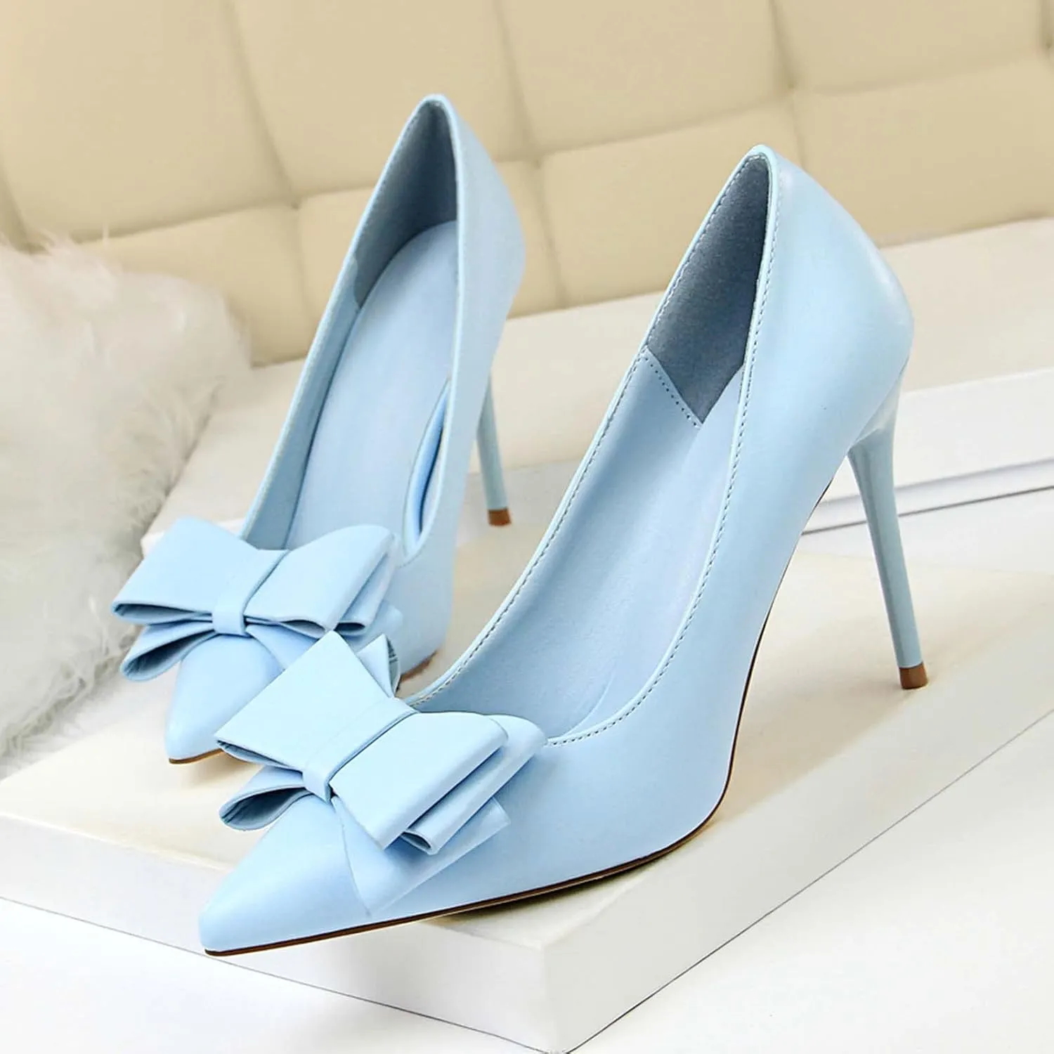 JOEupin Womens High Heels Pointed Toe Bowknot Slip-on Stiletto Evening Party Dress Pumps Shoes