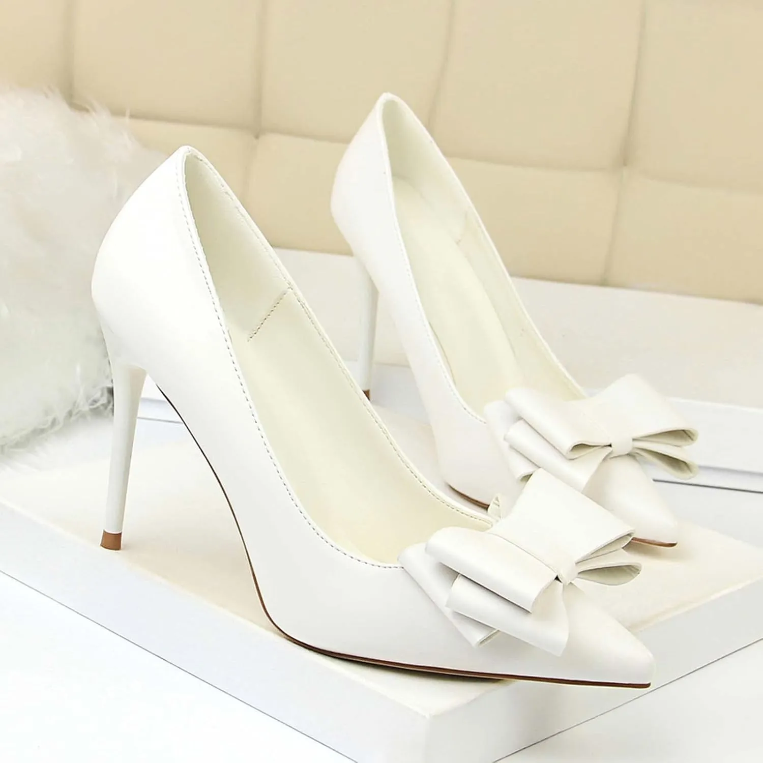 JOEupin Womens High Heels Pointed Toe Bowknot Slip-on Stiletto Evening Party Dress Pumps Shoes