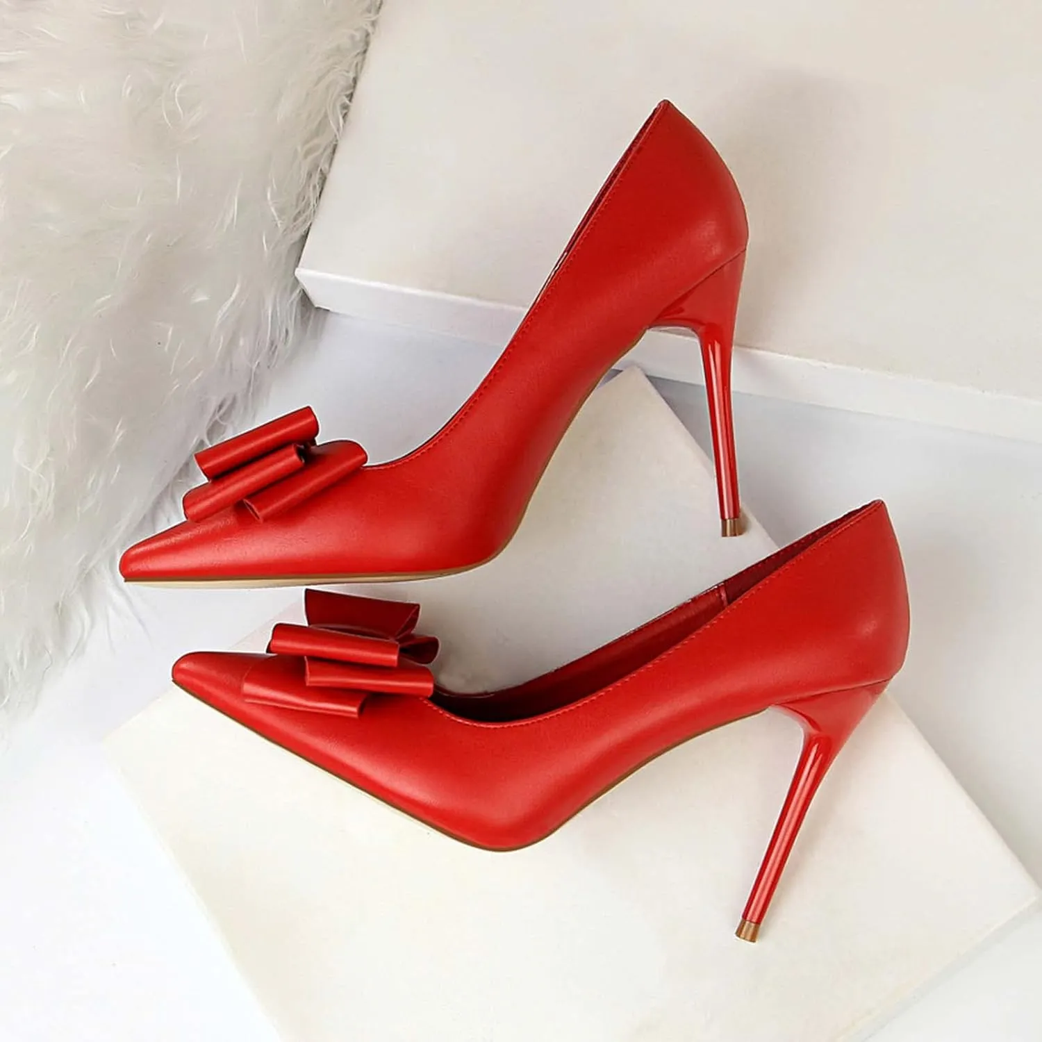 JOEupin Womens High Heels Pointed Toe Bowknot Slip-on Stiletto Evening Party Dress Pumps Shoes