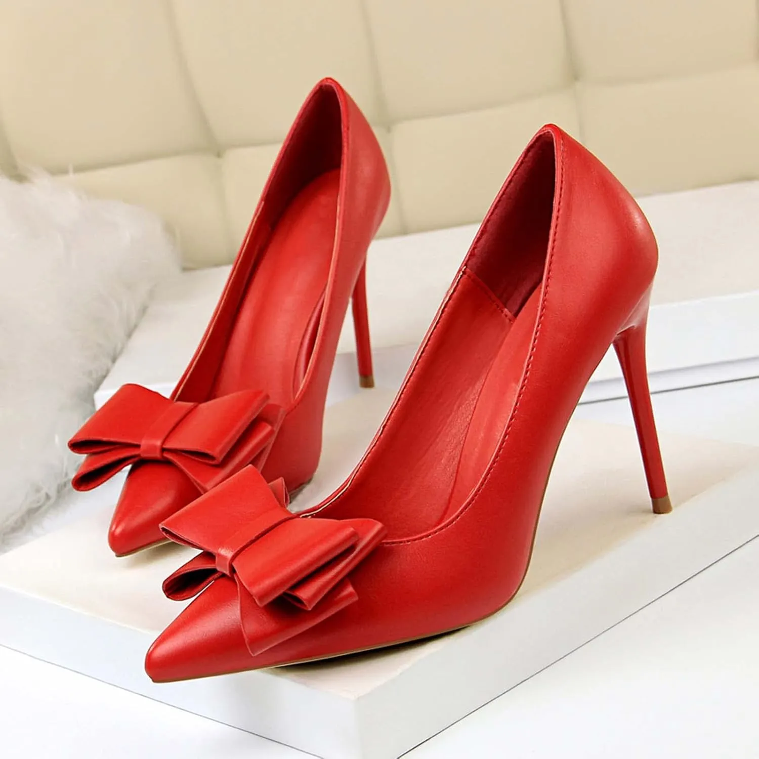 JOEupin Womens High Heels Pointed Toe Bowknot Slip-on Stiletto Evening Party Dress Pumps Shoes