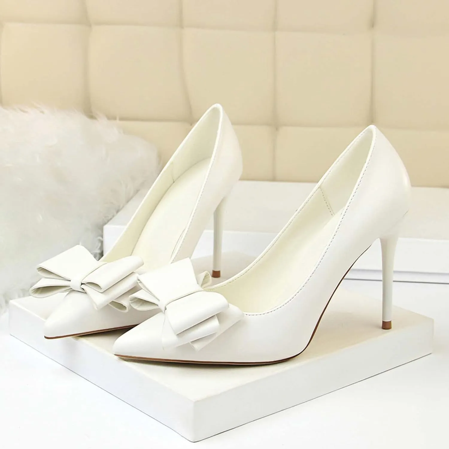 JOEupin Womens High Heels Pointed Toe Bowknot Slip-on Stiletto Evening Party Dress Pumps Shoes